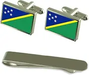 [Select Gifts] Solomon Islands Flag Silver Cufflinks Tie Clip Box Gift Set
