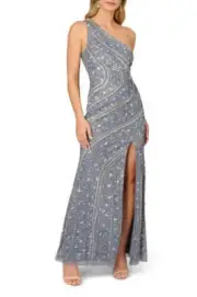 Aidan Mattox Beaded Sequin One-Shoulder Gown