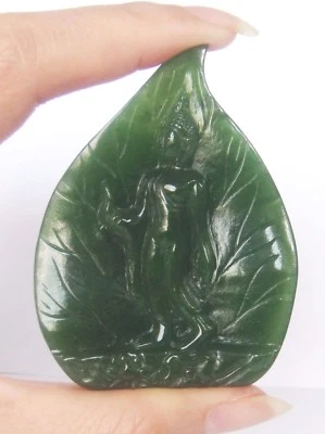 STANDING BUDDHA ON BODHI LEAF CARVING STATUE: Hand- Made NATURAL NEPHRITE JADE