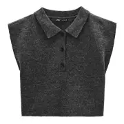 ZARA Wool Blend Polo Vest Collar Front Buttons Gray Size Small Crop Top NEW NwT