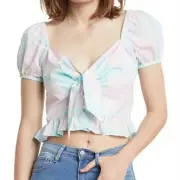 Abound Pink Teal Adley Front-Tie Plaid Crop Blouse - Size Small