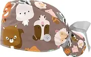 [WOSHJIUK] Working Hat 2 Pack Scrub Caps for Women,Farm Forest Cartoon Animals,Tie Back Cap Adjustable Scrub Hat