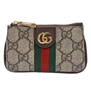 【GUCCI 古馳】經典Ophidia GG印花帆布牛皮飾邊拉鍊鑰匙/零錢包(烏木色671722-96IW-8745)