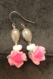 Handmade Pink Flower Clay Bead Crystal Accent Dangle Style Earrings