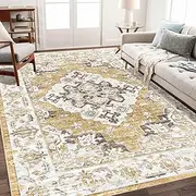 UZU 140x200cm Machine Washable Area Rug for Living Room and Bedroom Non-Slip Vintage Boho Faux Cashmere Carpet Indoor Large Durable Soft Floor Mat Low Pile Rugs with Anti-Slip Backing - Home Decor