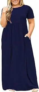 [Nemidor] Women Short Sleeve Loose Plain Casual Plus Size Long Maxi Dress with Pockets(Navy,22)