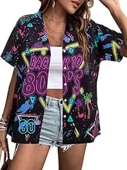 [MYHALF] 80s Outfit for Women 80'S Neon Shirts 80s 90s Themed Party Outfits Retro Button Down Short Sleeve Clothes Top