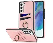 Full Protection Cover for Samsung Galaxy S21 FE, 2 Cards PU Leather Case with Ring Holder - Pink