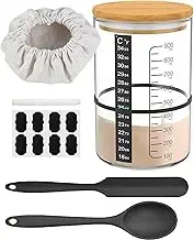 Sourdough Starter Jar, Myrthra 900ml Sourdough Starter Container Glass Sourdough Starter Cup Wide Mouth with Wooden Lid Thermometer Strip Spatula Rubber Band Cloth Cover Lable Pen for Sourdough