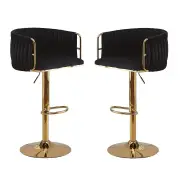 2x Height Adjustable Black Swivel Bar Stool Velvet Golden Round Base Barstools Chairs