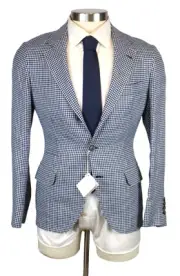 Brunello Cucinelli Blazer 34 (44 EU) Mens Linen Wool Blue Houndstooth Sport Coat