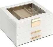 [Goodsnetic] Jewelry Box with Glass Lid, 3 Layers Jewelry Organizer, 2 Drawers, Large Storage Space, Modern, Wonderful Gift, White