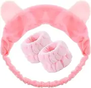 [YUXIANLB] Spa Headband for Women, Pink Makeup Headbands and Wristband Set Cat Ears Washband for Face Washing, Cute Puffy Face Wash Headband for Facial Hair Accessory Teen Girls Stuff