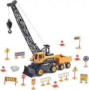 Rayouth Crane Toys for Kids Boys Crane Truck Construction Vehicles Toy Set with Road Sign Engineering Car Model for Toddlers 3-8 Years Old Gifts