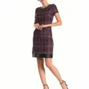 St John plaid tweed fringe raw edge wine leather trim shift dress new 12