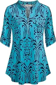 [Bepei] Womens Floral 3/4 Sleeve Shirts Zip up V Neck Work Chiffon Blouses Top