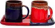 Handcrafted Set of 2 Ceramic Coffee Mugs 290 ML With Tray Porcelain Breakfast Tea Cups Boho Style Cortado Cappuccino Espresso Latte Kulhad Chai Microwave & Dishwasher Food Safe For Home Office Kitchen