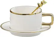 [KFKAA] Tea Cups and Saucers with Gold Trim, 6.76 Ounce White Porcelain Tea Set & Coffee Cups for Latte, Cafe Mocha,Porcelain Mugs for Kitchen or Cafe(White)