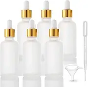 6 Pack,Frosted Glass Dropper Bottle for Essential Oils,Empty Glass Liquid Holder With Glass Eye Dropper,Golden Caps Travel Perfume Cosmetic Container-Pipette&Funnel included (50ml/1.7 fl oz)