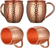 Moscow Mule Copper Mugs, Hammered Design, 100% Pure Solid Copper with Riveted Handle, Set of 4