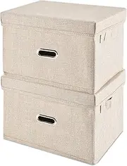Foldable Storage Bins with Lid[2-Pack] Linen Fabric Storage Bin Collapsible Storage Box,Basket with Lids for Bedroom Clothes Storage Containers for Home Bedroom Closet (Cream, Medium)