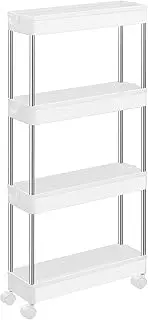 SONGMICS 4-Tier Slide Out Storage Cart, Slim Rolling Cart on Wheels, Slim Storage Cart, Space-Saving Bathroom Storage, Kitchen, Narrow Shelf, 15.7 x 5.3 x 33.9 Inches, White UKSC08WT