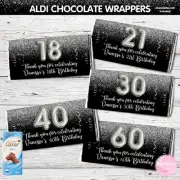 10x Printed SILVER GLITTER SPARKLE ALDI CHOC WRAPPER Adult Birthday Party