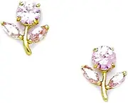 [JewelryWeb] 14k Yellow Gold Pink CZ Simulated Diamond Flower With Leaves Screw Back Earrings 10x8mm Stud Earring for Women