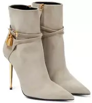 Tom Ford Padlock 105mm Pearl Grey Suede Ankle Strap Pointed Toe Heel Bootie 41