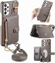 Durable Removable Crossbody Wallet Phone Case for Samsung Galaxy A13 4G, Zippered Purse,Ring Holder,Integrated Mirror,Card Slot,Multi-Angle Stand in Elegant Pebbled Leather Cover(Silver Gray)