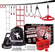 Ninja Obstacle Course for Kids Backyard - 10 Durable Obstacles and 50' Slackline - Outdoor Playset Equipment for Girls & Boys with Climbing Net