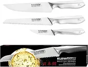 KlevaCut Master Series Knife Set – 3-Piece Professional Kitchen Knife Set w. Japanese Vamolcrium Stainless Steel | Razor Sharp Chef, Bread & Utility Knives | Full-Tang Design + Safety Satchel