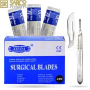 100 Sterile Surgical Blades #20 FREE BP Scalpel Handle #4 Medical ENT Dental