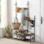 IHOMDEC Parent-Child Hall Tree Entryway Bench with Coat Rack 3-in-1 Hall Tree with Shoe Storage Sturdy Industrial Rustic Wood Metal Furniture for Entrance Foyer Mudroom