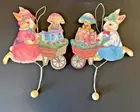 Vintage Pull String Easter Toys 2 Bunny Rabbit Ornaments Wheelbarrow w/eggs