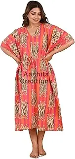 [Aashita Creations] Women Calf Length Kaftan,Indian Summer Clothing Vacation,Cruise,Beach wear,Maxi Dress, Kaftan Dress, Long Top Caftan, Tiger Hand Block Print Sleepwear Maxi Dress Kimono Robe Multi,