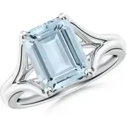 Classic Solitaire Emerald-Cut Aquamarine Split Shank Engagement Ring