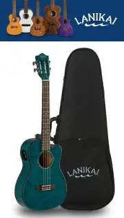 Lanikai Quilted Maple Blue Stain Acoustic/Electric Baritone Ukulele +Case | Uke