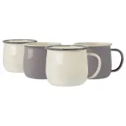 4x Coloured Enamel Belly Mugs Steel Outdoor Camping Coffee Cup 375ml Grey/Cream