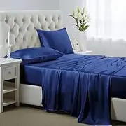 Lanest Housing Silk Satin Sheets, 4-Piece Queen Size Satin Bed Sheet Set with Deep Pockets, Cooling Soft and Hypoallergenic Satin Sheets Queen - Navy Blue
