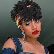 Headband Wigs For Women Scarf Wigs Black Wigs With Bangs Hijab Natural Wigs Headband Wigs For Women Curly Curly Wigs Short Black Wigs (Black, 15CM)