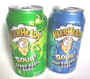 Warheads Can Sodas Sour Green Apple Blue Raspberry Candy Flavor 2 Cans 12oz