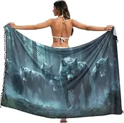 [XYMZR] Women's Sarong Swimsuit Coverups Wolf Scary Forest Chiffon Bikini Wraps Skirt with Tassels L