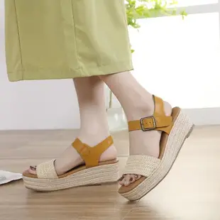 【DROM】涼鞋 厚底涼鞋/歐美時尚清新草編一字帶坡跟厚底涼鞋 黃