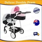 Deluxe Tandem Double Doll Pram Twin Stroller Toddler Baby Jogger Pram Toy