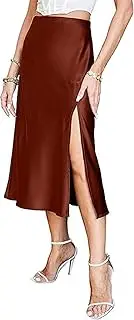 [Generic] Women's Sexy Satin Side Split Thigh High Waist Silky A Line Midi Skirt
