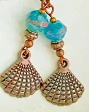 Beautiful Aqua Blue and Etched Copper Shell Earrings. Ocean. Beach.