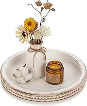 Hanobe Decorative Tray Round Coffee: Beaded White Circle Serving Tray BohoTable Centerpiece Decor Vintage Rustic Wood Kitchen Counter for Living Room Home Bathroom