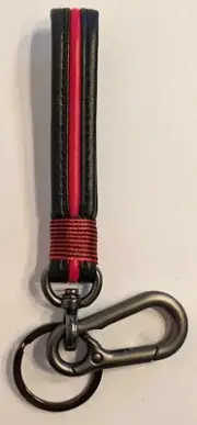 Premium Leather Car Key Chain - Black & Red w/Round Ring & Clip