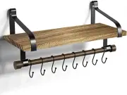 Rustic Floating Wall Shelf – Kitchen Spice Rack with Towel Bar & 8 Hooks (Black)